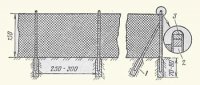 Рис. 2 Устройство сетчатого забора на трубчатых столбах: 1-дополнительное крепление столбов угловых и для ворот; 2-деревянная пробка; 3-бетон.